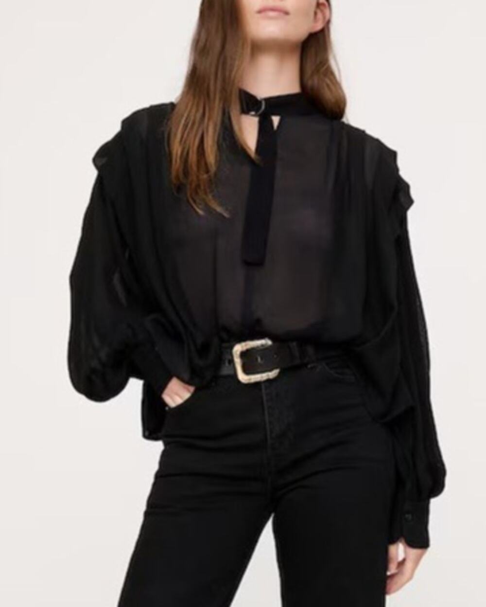 Banana Republic Womens Sheer Tie Neck Top Size L Black Romantic Gothic Victorian